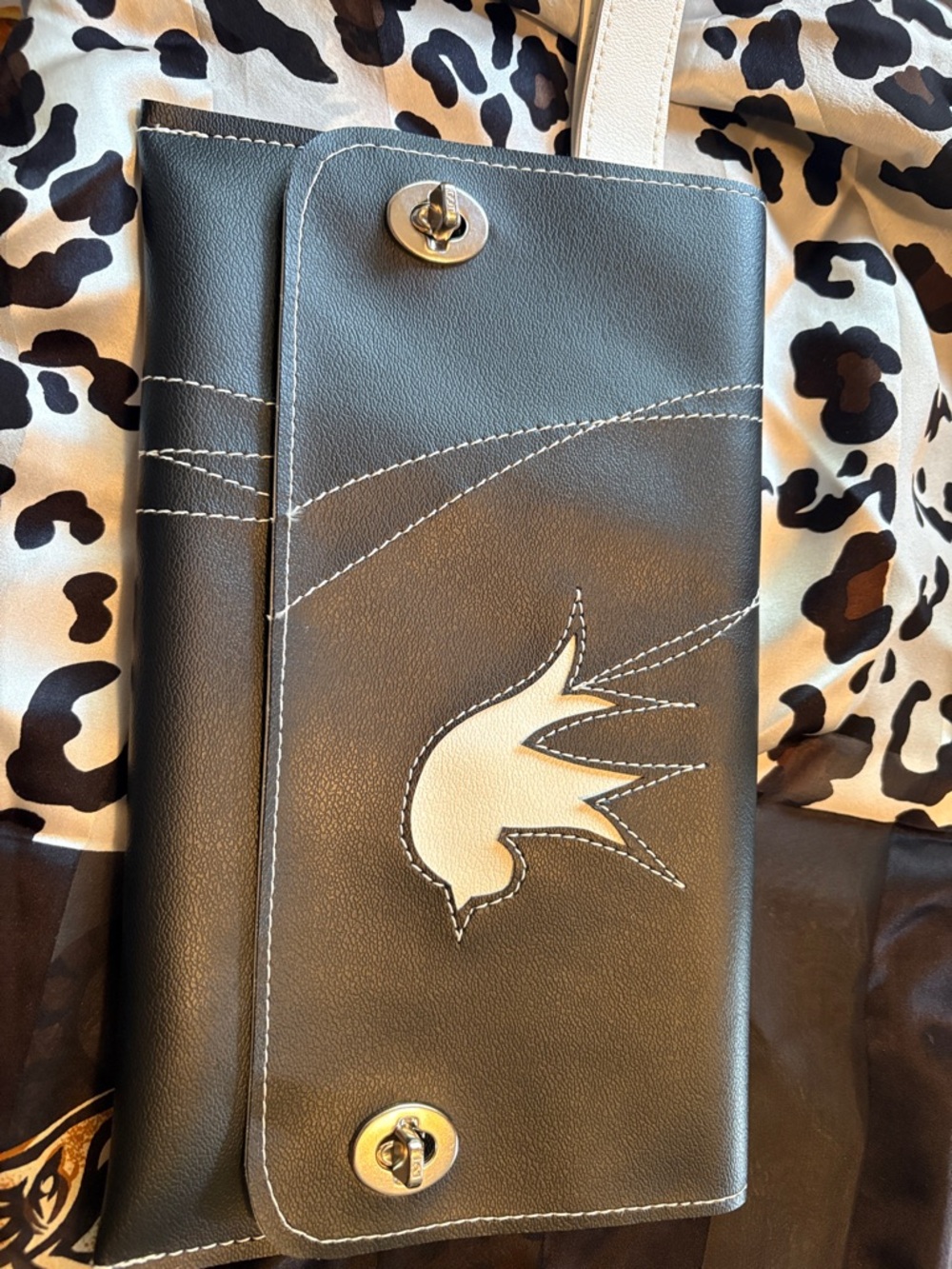Black and Cream Leather Clutch with Bird Motif. Holly Aiken